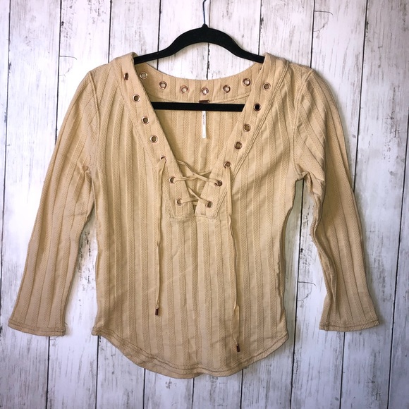 Free People Ice Cold Ribbed 3/4 Sleeves Yellow Size Small Lace Up - Picture 3 of 8